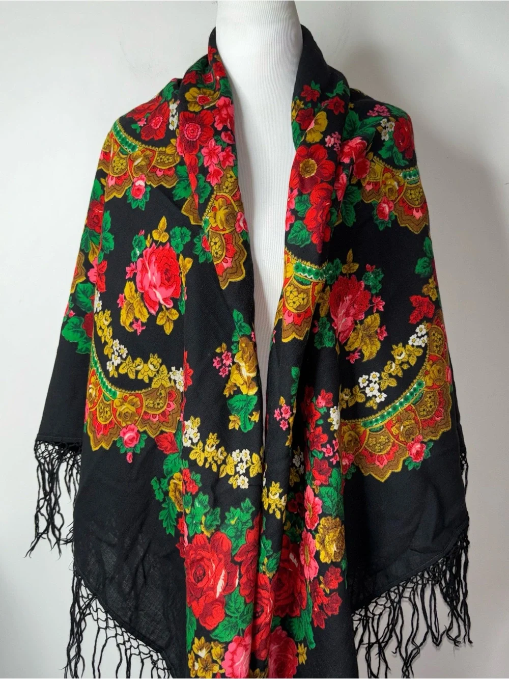 Vintage Russian Wool Floral Shawl Black Floral 52